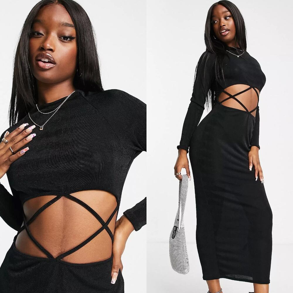 Asos Design Black Cutout Long Sleeve Maxi Dress Size 4